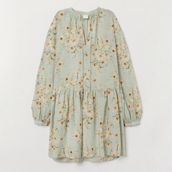 H&M Sunflowers Floral Balloon Sleeve Boxy Relaxed Drop Waist Shift Dress Size 12 - Picture 5 of 10